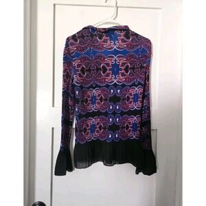 Vintage Boho Paisley Long Sleeve Pleated Blouse Womens Size 12